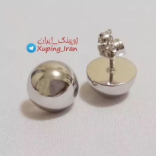 گوشواره ژوپینگ گوی نقره ای آینه ای براق نیم دایره سفید