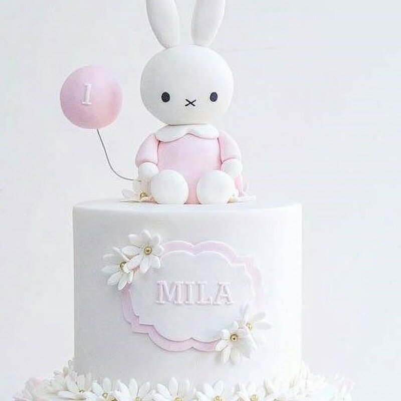 کیک تولد خانگی با تم خرگوش رنگ صورتی 2کیلویی فیلینگ موز وگردوبا تاپر خرگوش