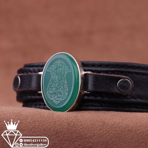 دستبند عقیق سبز خطی نقش یا فاطمه الزهرا چرم گاوی طبیعی ارسال رایگان 