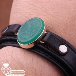 دستبند عقیق سبز خطی نقش یا فاطمه الزهرا چرم گاوی طبیعی ارسال رایگان 