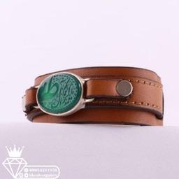 دستبندچرم طبیعی اصل نگین عقیق سبز خطی منقش به یا کریم آل طاها