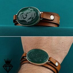 دستبند چرم عقیق سبزمردانه حکاکی امام حسنی ام قاب نقره دستساز