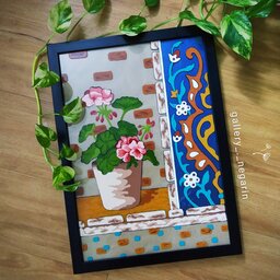 تابلو نقاشی ویترای کاشی و گل شمعدانی خوش رنگ و طرح، مناسب هدیه