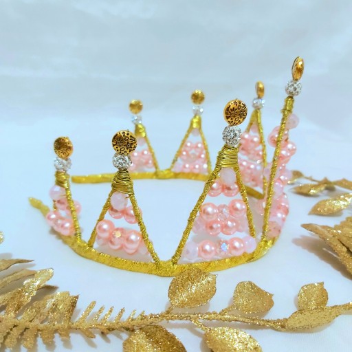 تاج پرنسسی دخترانه کریستال و مروارید صورتی طلایی اکسسوری دستساز دخترانه