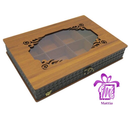جعبه پذیرایی چوبی 8 تایی مدل دور چرمی و در شیشه ای ابعادجعبه 35x24x6
