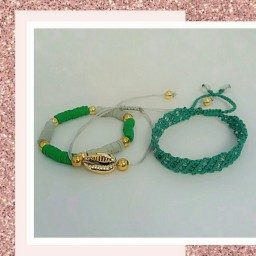 ست دستبند تابستونی سه تیکه سبز دستبند بافت مکرومه و منجوق دستبند صدف و حدید و دستبند فیمو واشری و حدید