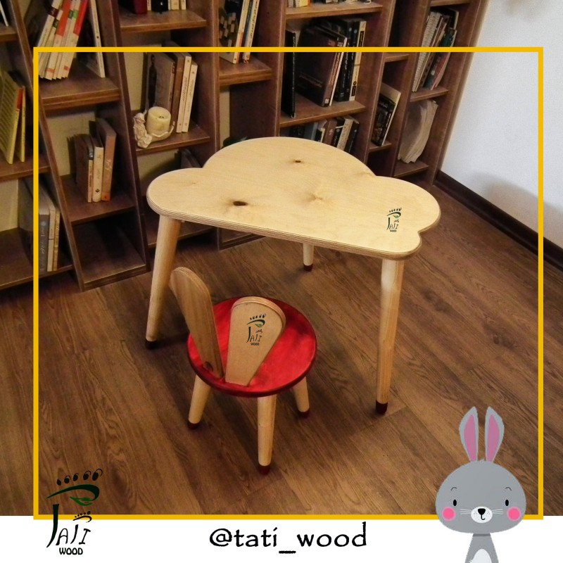 میز و صندلی کودک تاتی طرح خرگوش ، تمام چوب طبیعی، مناسب 3تا 7 سال