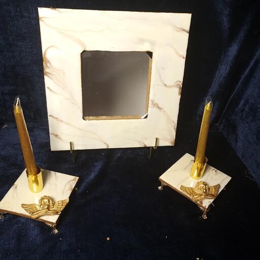 آینه و شمعدان رزینی طرح سنگ کرمی و طلایی با تزئین فرشته 