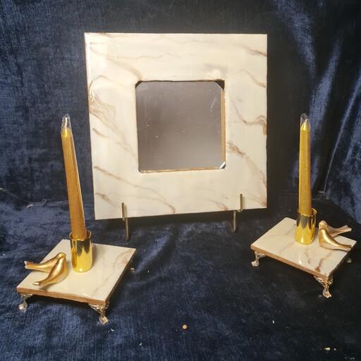 آینه و شمعدان رزینی طرح سنگ کرم طلایی با تزئین مرغ امین