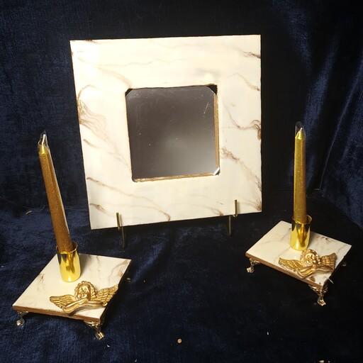 آینه و شمعدان رزینی طرح سنگ کرمی و طلایی با تزئین فرشته 