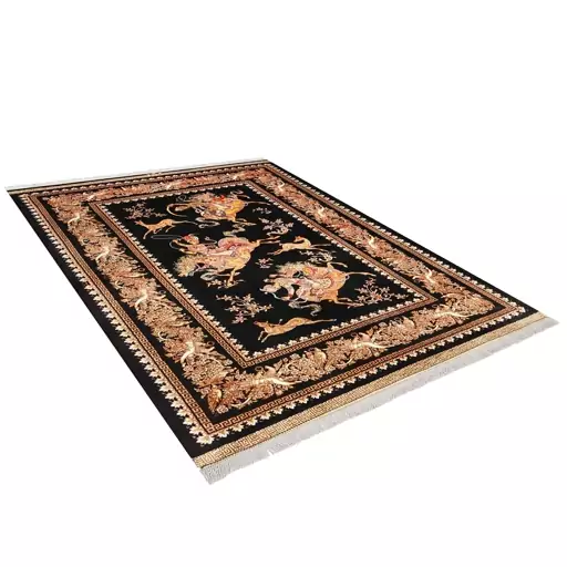 فرش ماشینی زانیس ارسال رایگان کد544سنتی طرح قم مشکی دو رو سایز 42x30 سانت