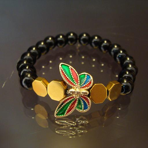 دستبند بسیار زیبای سنگی اونیکس و پلاک بسیار زیبای میناکاری پروانه