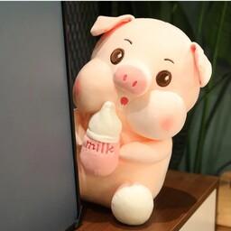 عروسک پولیشی خوک شیشه شیر بدست   خارجی  رنگ صورتی  ارتفاع 45سانتی متر   قابل شستشو  ضدحساسیت
