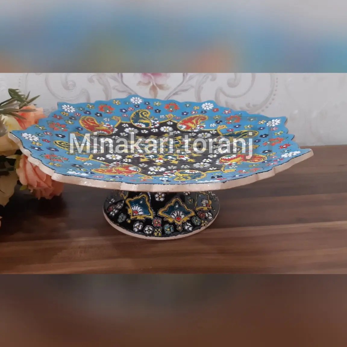 میوه خوری و شیرینی خوری تک پایه سفالی میناکاری