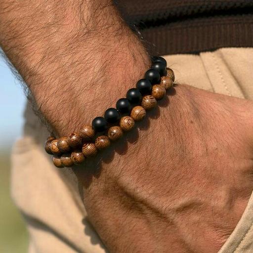 دستبند دو عددی مردانه ساخته شده از سنگ و چوب بسیار شیک و خاص