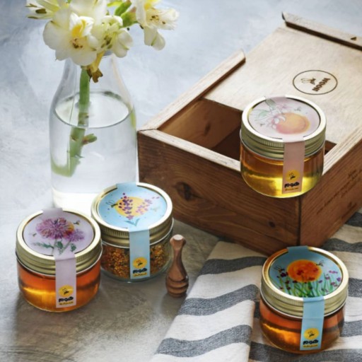 جعبه هدیه هوم هانی (عسل کوه و عسل دشت و عسل باغ و یک شیشه گرده گل و قاشقک چوبی عسل)