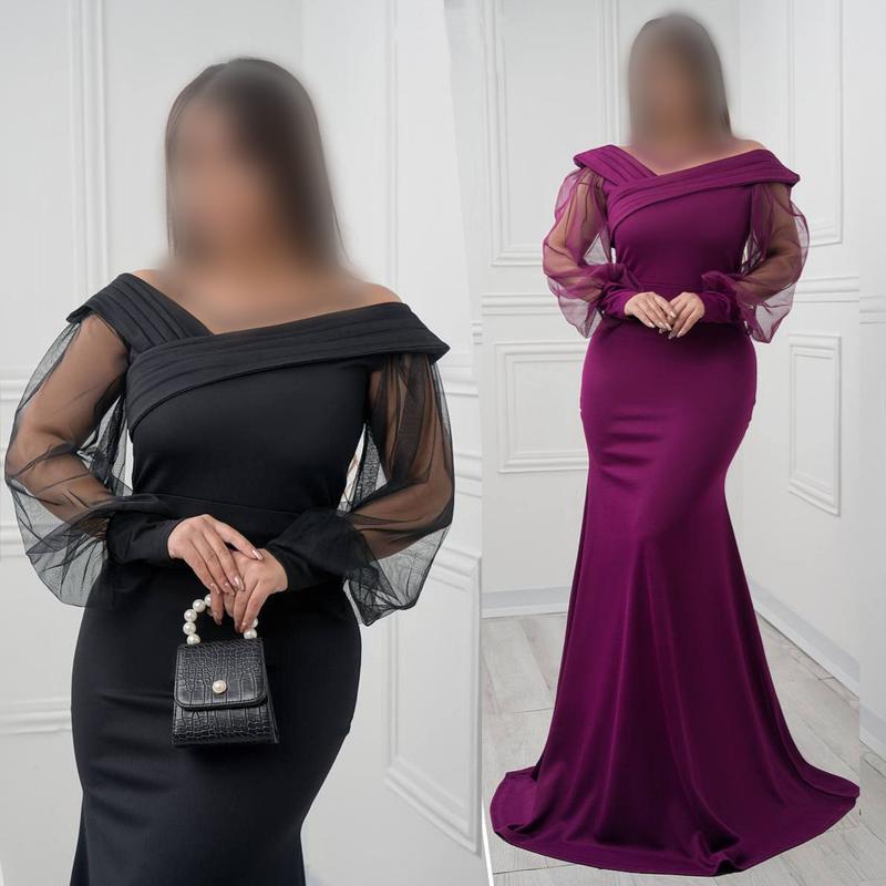 ماکسی مجلسی لباس بلند یقه باز کرپ آستین تور سایزبزرگ 36 تا 50 مشکی رنگی وایولت