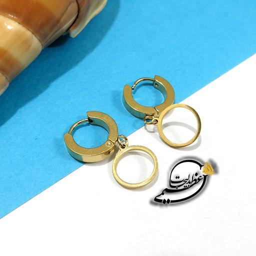 گوشواره استیل حلقه ای رنگ ثابت طلایی آویز دار در طرح دایره