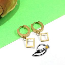گوشواره استیل حلقه ای رنگ ثابت طلایی آویز دار در طرح لوزی