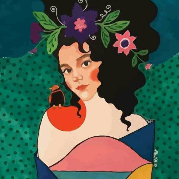 تابلو بوم چاپی لاویا نقاشی ترک طرح زن و پرنده کد ART-1123