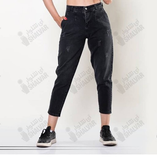 شلوار جین زنانه مدل مام فیت رنگ زغالی با فاق بلند و بدون کشسانی