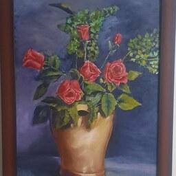 تابلو نقاشی رز  سرخ رنگ روغن با قاب چوبی قهوه ای