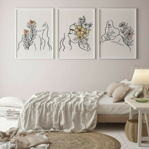 تابلوی نقاشی  سه تیکه مدرن طرح دختر و گل ویژه اتاق خواب