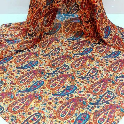 روسری حریر تبسم مجلسی طرح ترمه های نارنجی زیبا عرض 120 قواره دار مزون دوز درجه یک همراه با هدیه 