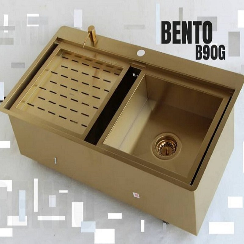 سینک ظرفشویی بنتو مدل B90 G طلایی عمق25 با جامایع و کلیه لوازم 
