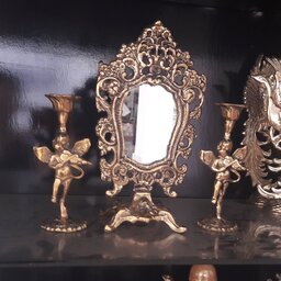 آینه و شمعدون برنزی طرح گل و فرشته