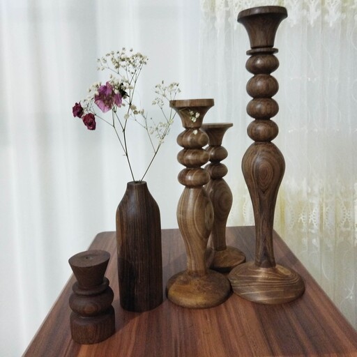 شمعدان و گلدان خراطی شده چوبی