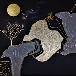 تابلو دکوراتیو ماه و صخره با رنگ روغن و ورق طلا طرح خاص مینیمال رنگبندی دلخواه