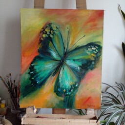 تابلو نقاشی  رنگ روغن  طرح پروانه با عشق نقاشی شده روی بوم  بدون قاب ابعاد 50 در 60 به درخواست مشتری قاب هم زده میشود