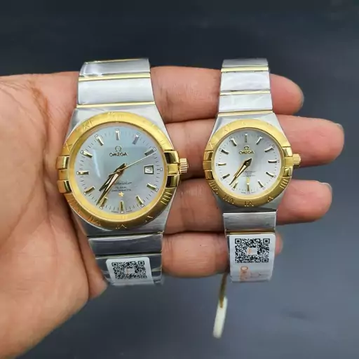 ساعت ست مردانه و زنانه امگا با بند استیل و بدنه طلایی و شیشه ضد خش omega set