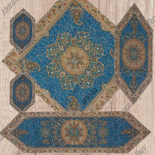 ست 5 تکه رومیزی ترمه طرح افشاری رنگ آبی با طرح و نقشی زیبا و کیفیت عالی