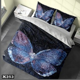 روتختی دونفره طرح پروانه ستاره ای آبی در زمینه مشکی مناسب تخت با عرض160 