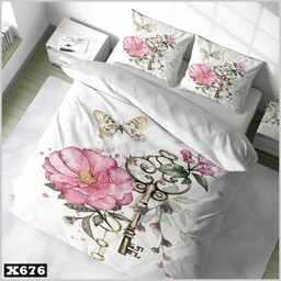 روتختی دونفره طرح گل صورتی و پروانه  و کلید طلایی با زمینه سفید مناسب تخت با عرض160 
