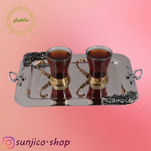 سینی پذیرایی استیل طرح دسته پاپیونی گلدار (گل رز) کوچک