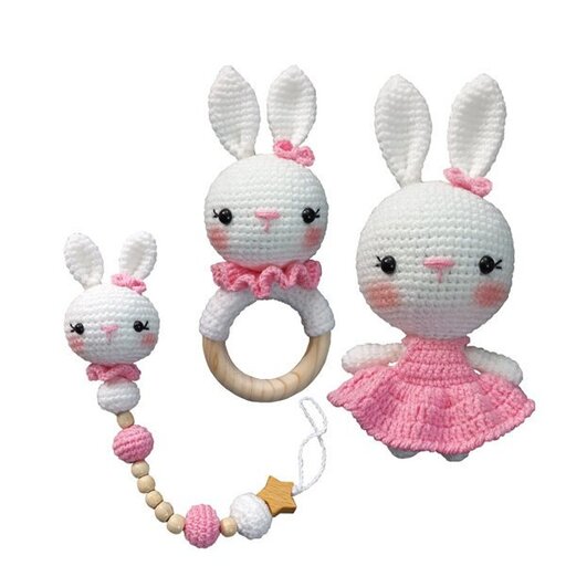 ست سیسمونی مدل خرگوش دخترانه سفید و صورتی شامل عروسک و جغجغه و زنجیر پستانک