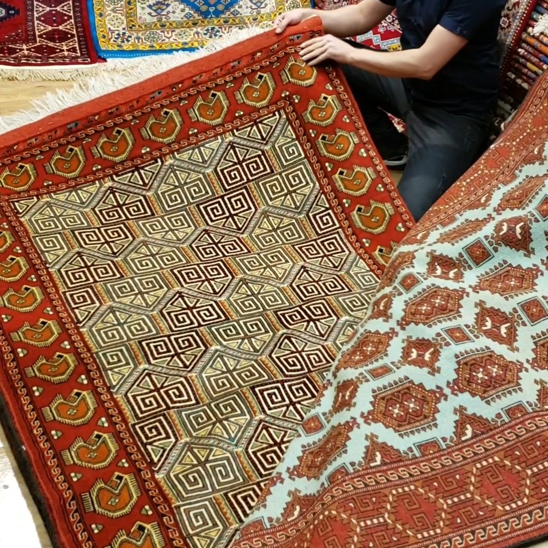 قالیچه دستبافت ترکمن ، 3متری، طرح آلاچیق، ارسال رایگان، ریزبافت و پشم