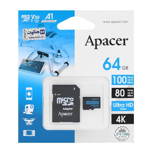 کارت حافظه 64GB
 Apacer A1 microSDXC & adapter V30 U3 -80MB/s-64GB(گارانتی متین