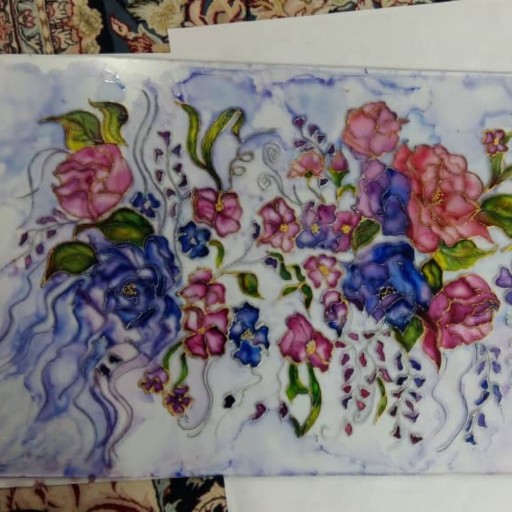 تابلوی ویترای  وینتژ طرح گل های آبرنگی  همراه با تکنیک ابروباد