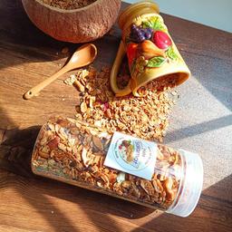 گرانولا رژیمی  بدون شکر  و روغن مخلوط میوه خشک 370 گرمی بسته بندی جار  کاملا سالم صد در صد رژیمی بر پایه ی جوی دوسر 