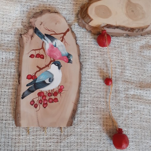 نقاشی اکرولیک گل و مرغ روی چوب طبیعی