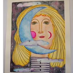 تابلو نقاشی انتزاعی دختر ماه نشین آبرنگ  تک طرح سایز A4
