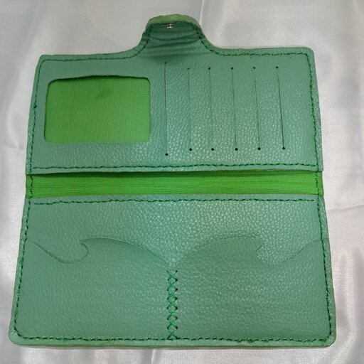 کیف پول چرم کاملا دست دوز رنگ سبزآبی 