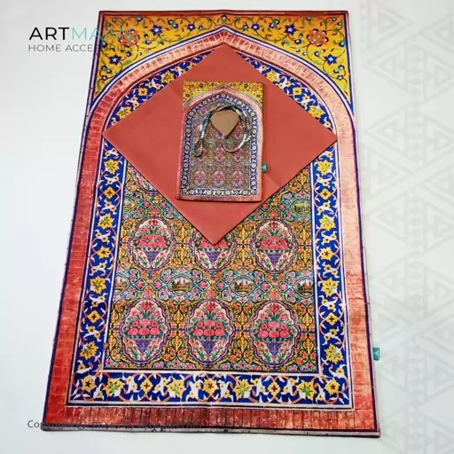 سجاده مخمل آستر دار طرح کاشیخط بهار آرت مان سایز 65x110