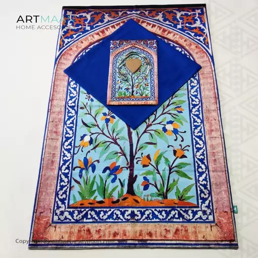 سجاده مخمل آستر دار طرح محراب درختی آبی  آرت مان سایز 65x110