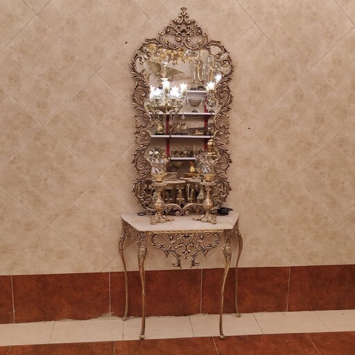 آینه و کنسول برنز و شمعدان برنزی مدل اسپادانا پایه بلند سنگین پرکار برنجی