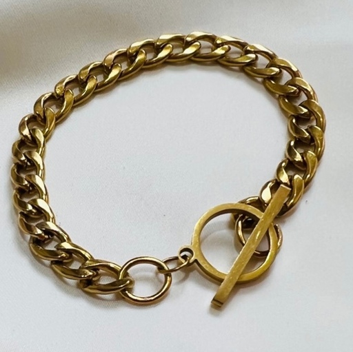 دستبند کارتیر زنانه استیل طلایی با قفل تی مدل ساده کد I1